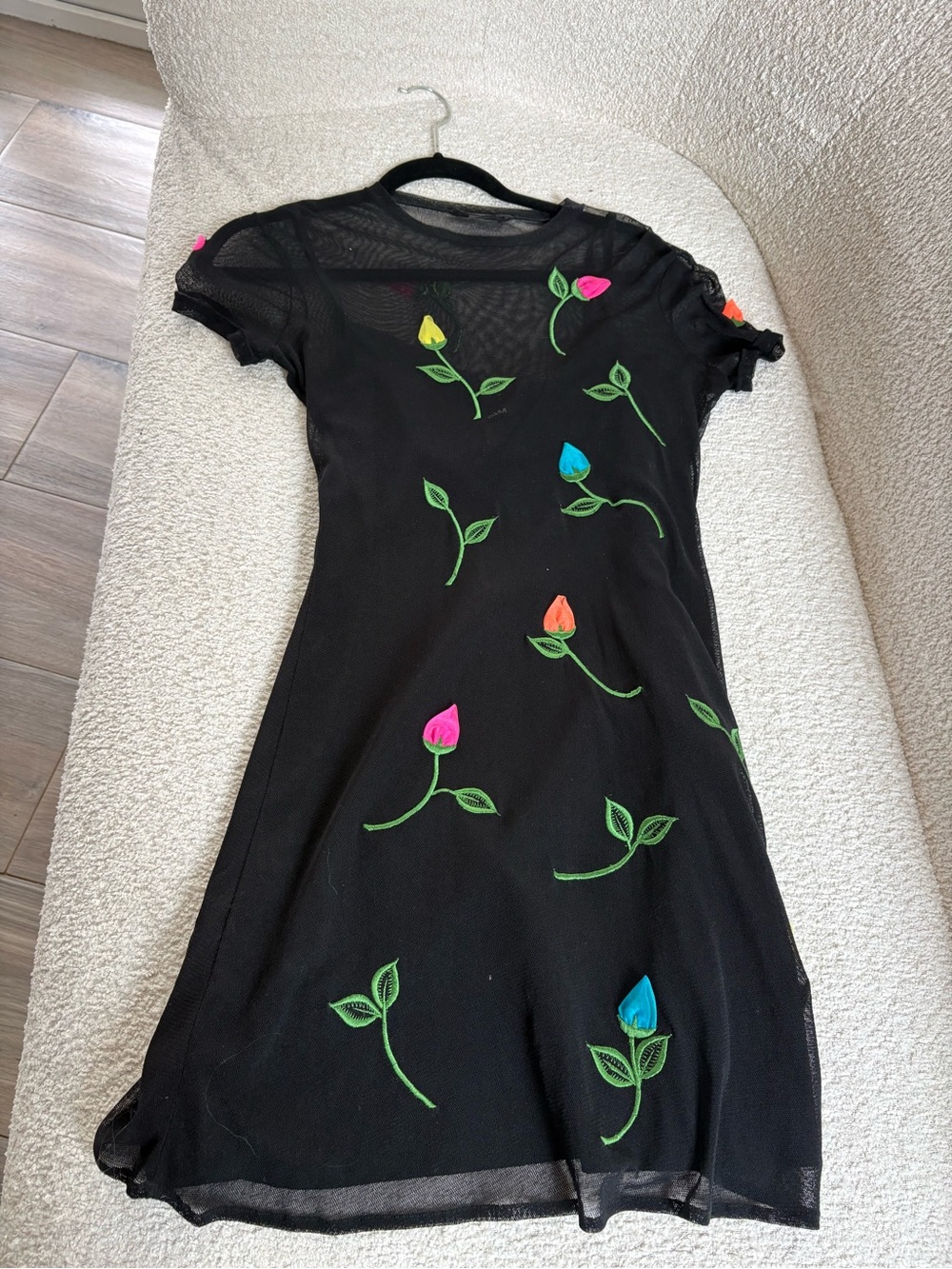 Vivienne Tam Black Mesh Dress with Neon Floral Appliqués